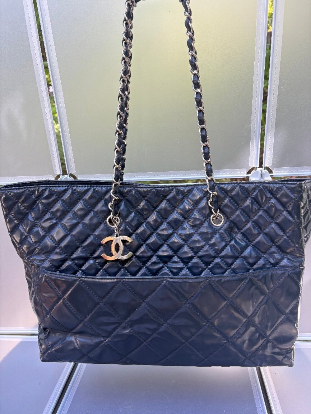 CHANEL Navy Blue Quilted Patent Leather Tote Bag Silver Chain Shoulder Bag